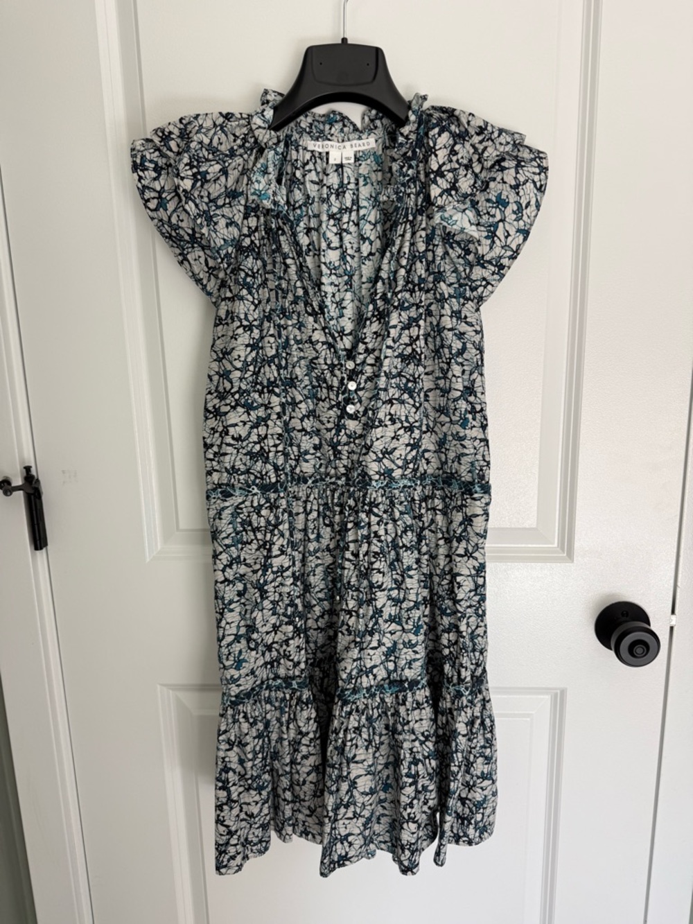 Veronica Beard Teal & White Tiered Floral Midi Dress
